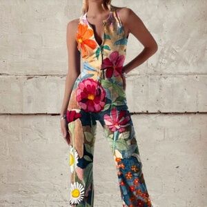 Women's Vintage Flower Art Print Casual Denim Jumpsuit